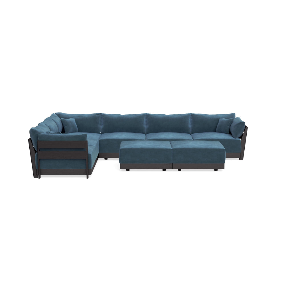 Modular Bondi Black 6-Seater Corner Sectional + Bench Ottoman in Oxford Blue | Memory Foam Blend