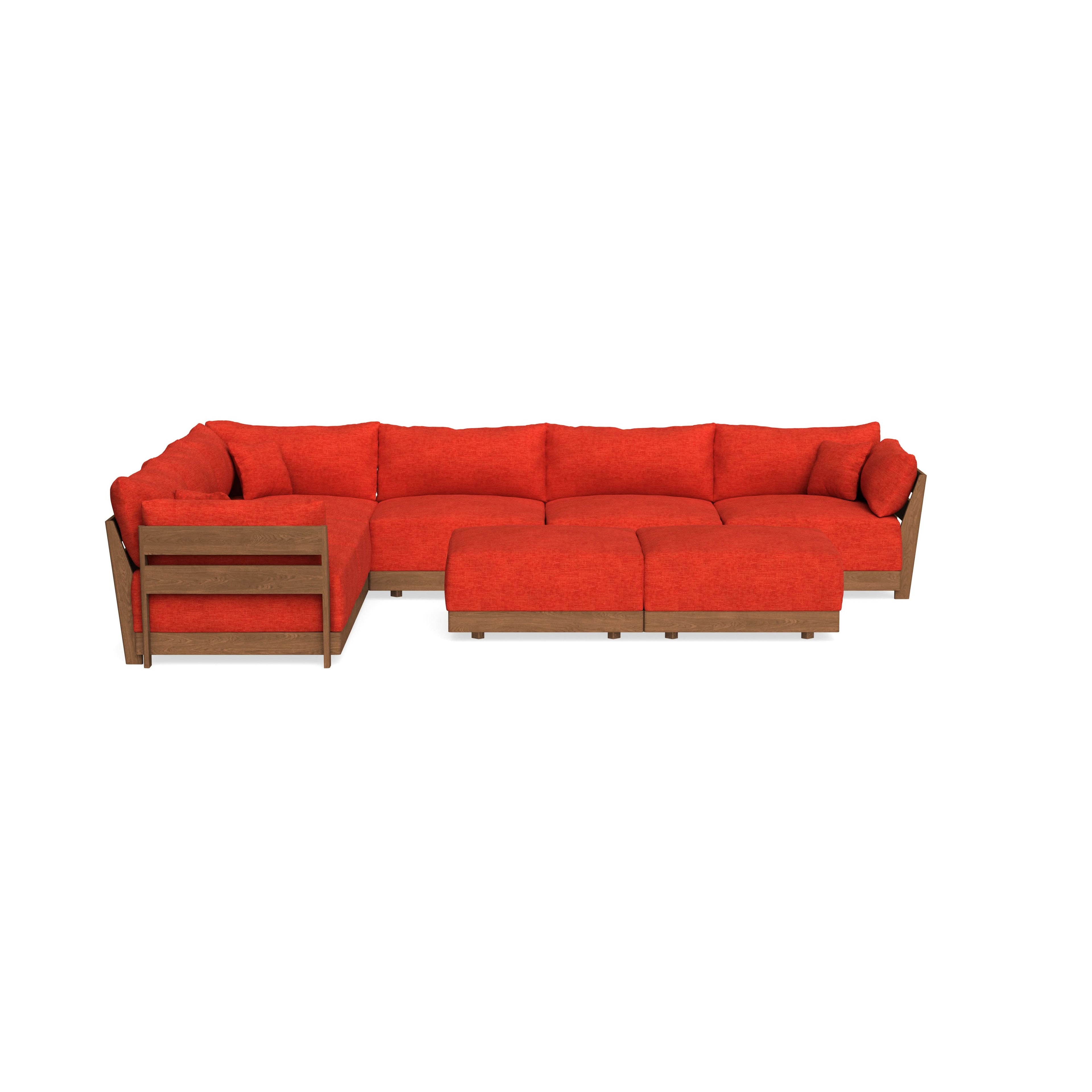 Modular Bondi Espresso 6-Seater Corner Sectional + Bench Ottoman in Poppy Orange | Memory Foam Blend