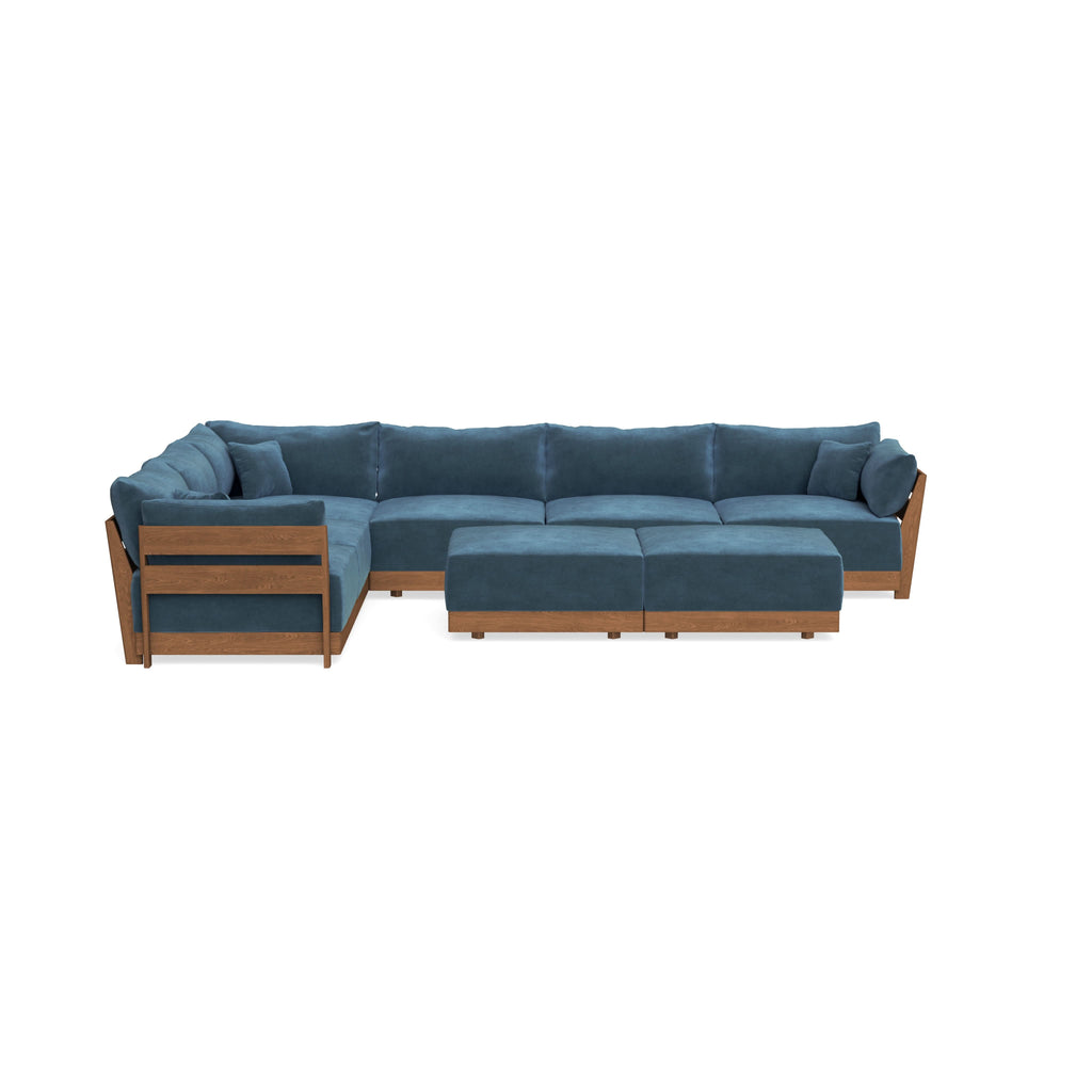 Modular Bondi Espresso 6-Seater Corner Sectional + Bench Ottoman in Oxford Blue | Classic Blend