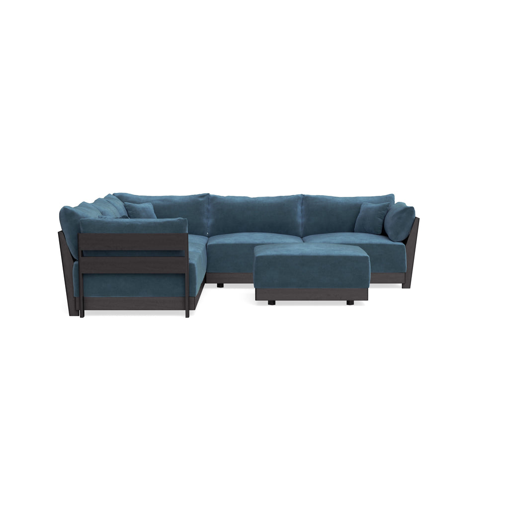 Modular Bondi Black 5-Seater Corner Sectional + Ottoman in Oxford Blue | Classic Blend
