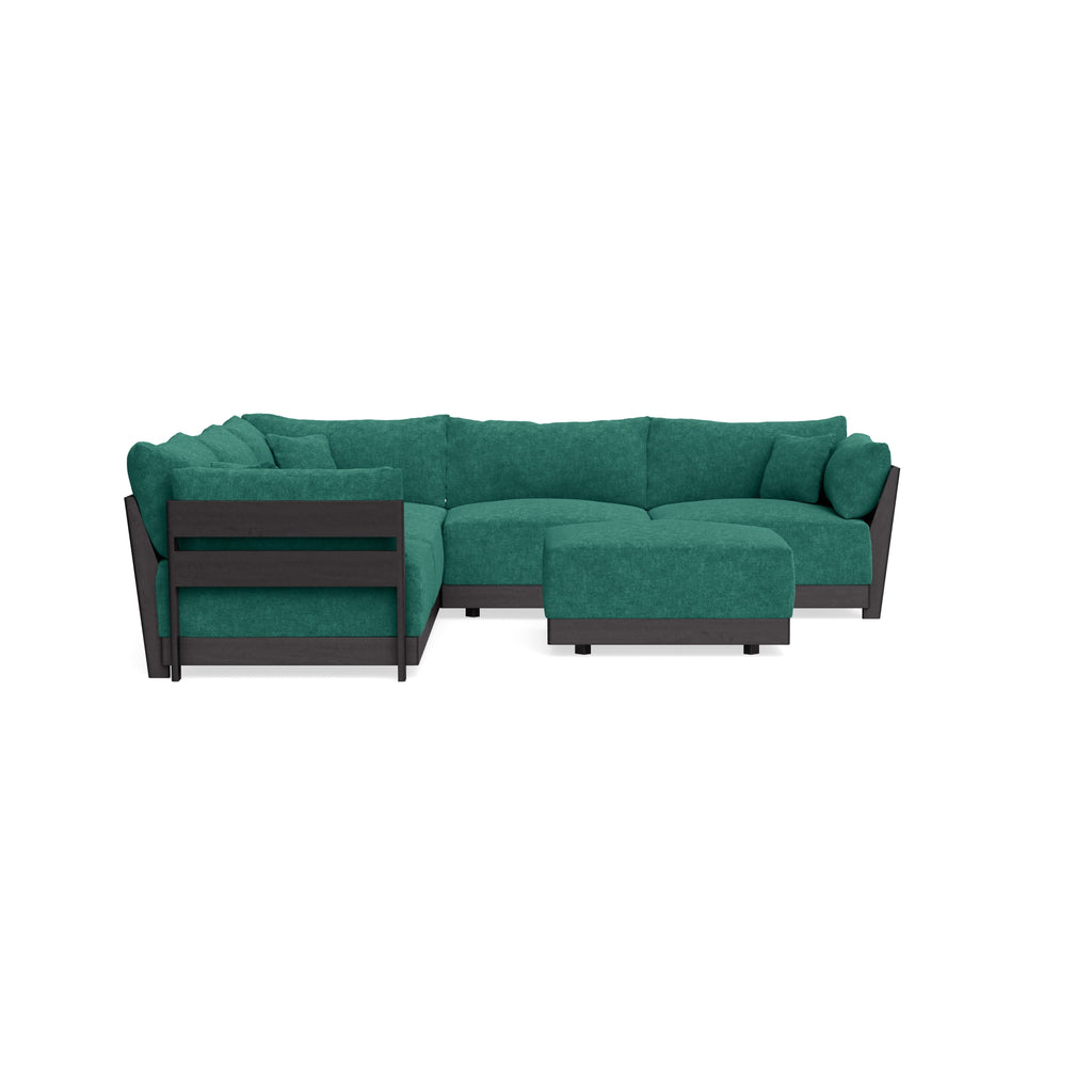 Modular Bondi Black 5-Seater Corner Sectional + Ottoman in Jade Green | Memory Foam Blend