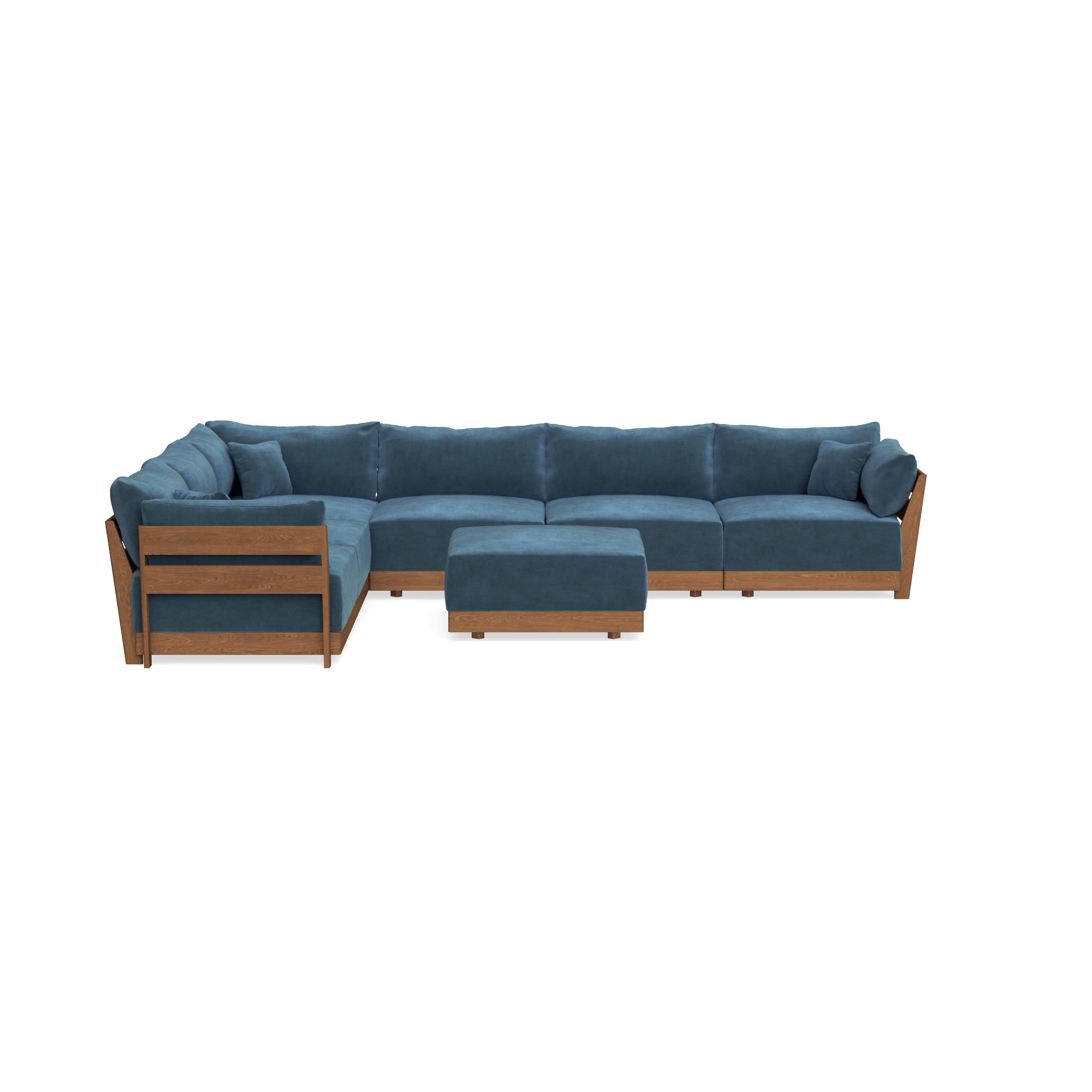 Modular Bondi Espresso 6-Seater Corner Sectional + Ottoman in Oxford Blue | Memory Foam Blend