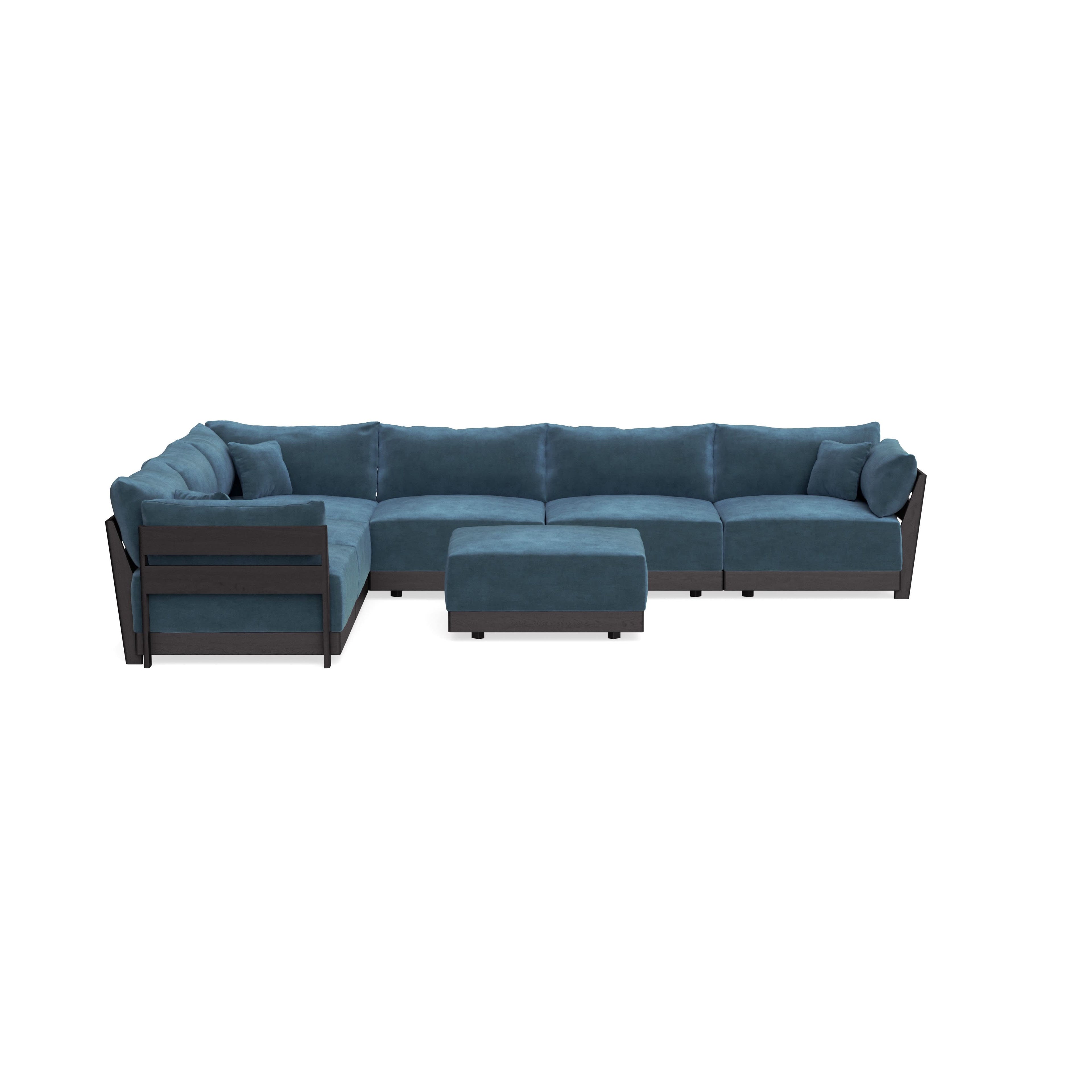 Modular Bondi Black 6-Seater Corner Sectional + Ottoman in Oxford Blue | Memory Foam Blend