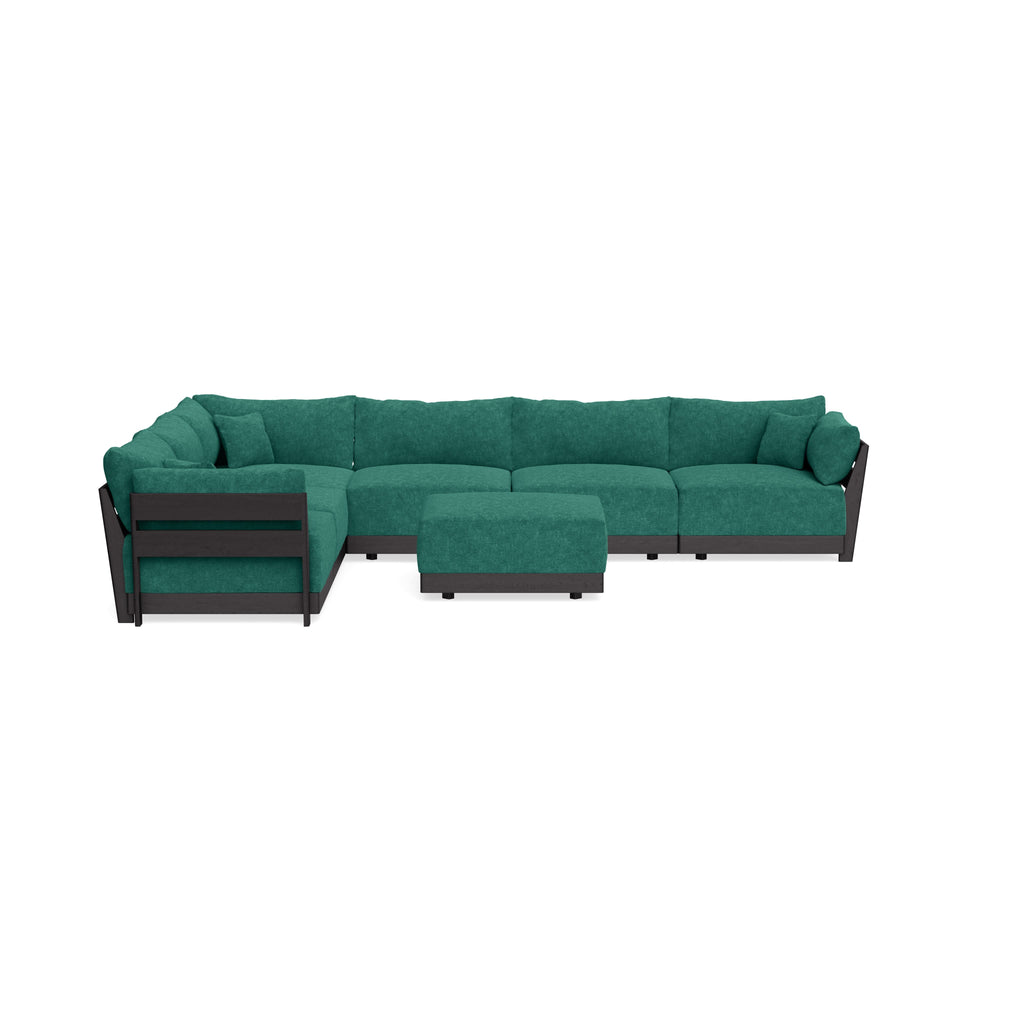 Modular Bondi Black 6-Seater Corner Sectional + Ottoman in Jade Green | Memory Foam Blend