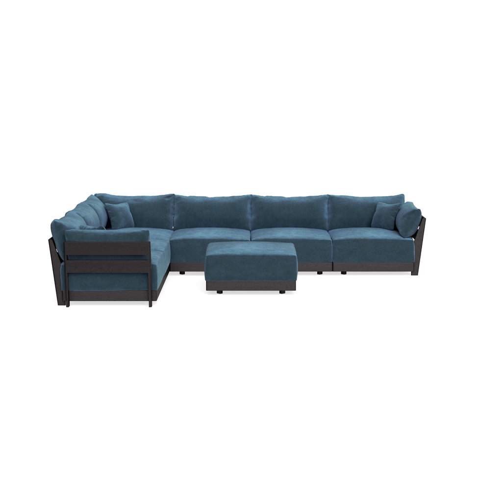 Modular Bondi Black 6-Seater Corner Sectional + Ottoman in Oxford Blue | Classic Blend
