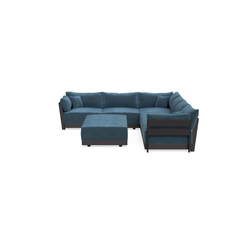Modular Bondi Black 6-Seater Corner Sectional + Bench Ottoman in Oxford Blue | Classic Blend