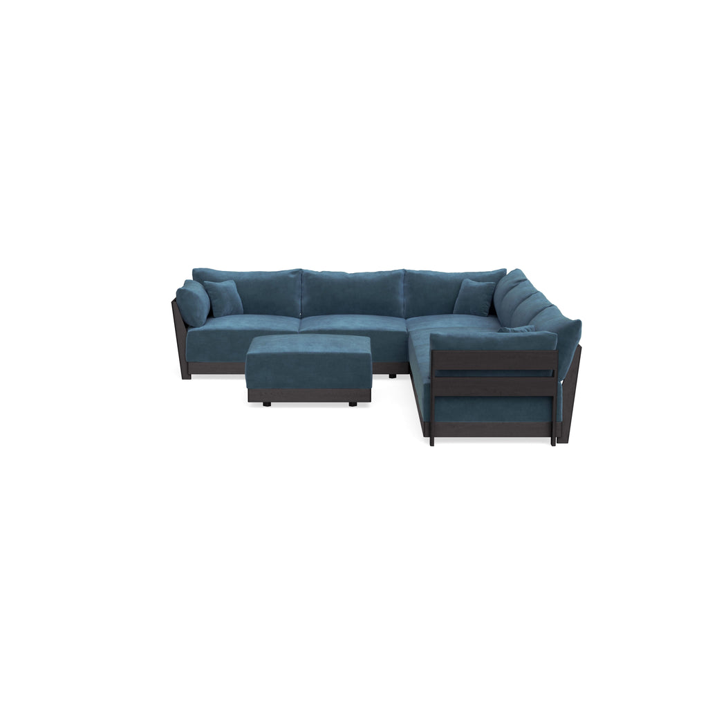 Modular Bondi Black 6-Seater Corner Sectional + Ottoman in Oxford Blue | Classic Blend