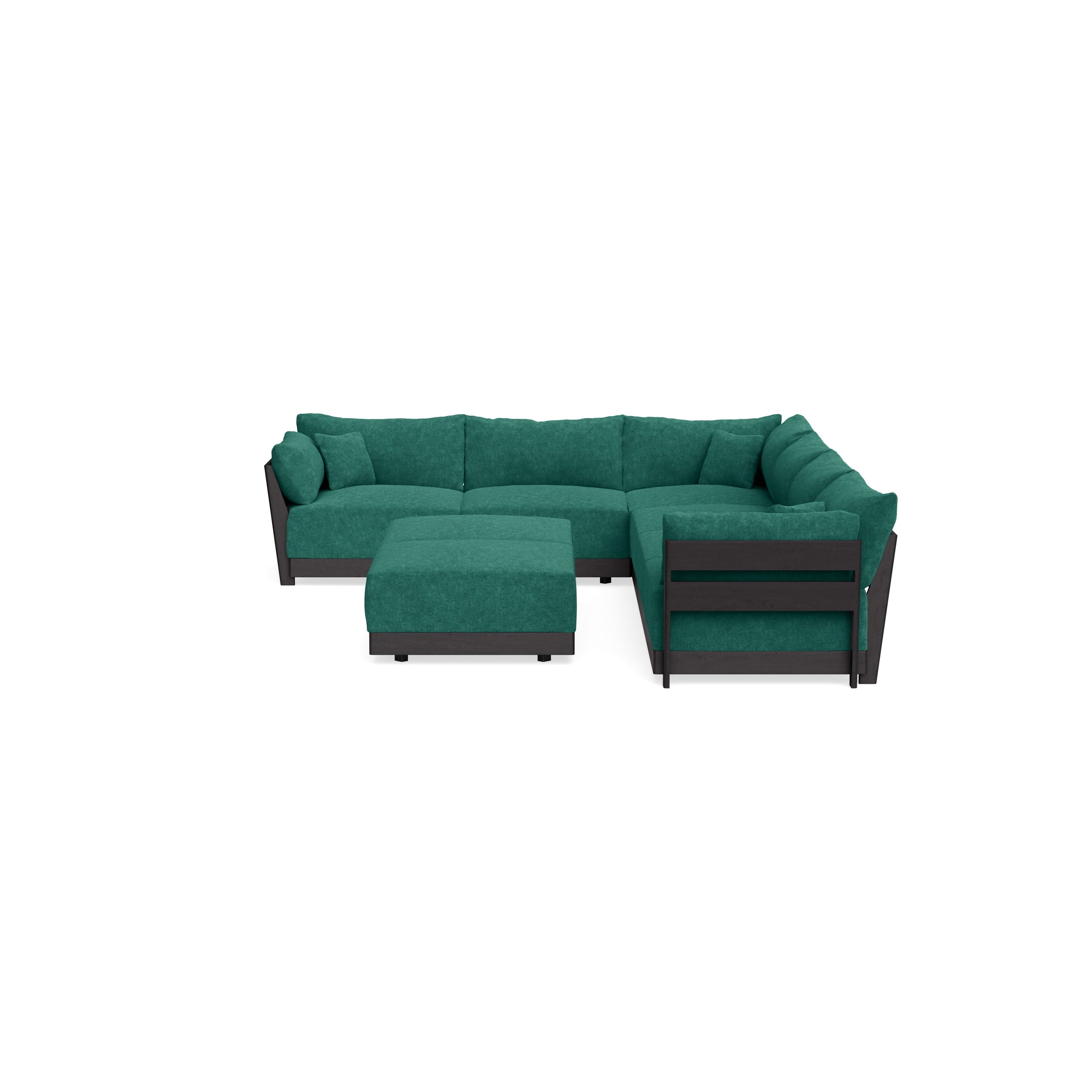 Modular Bondi Black 6-Seater Corner Sectional + Bench Ottoman in Jade Green | Memory Foam Blend