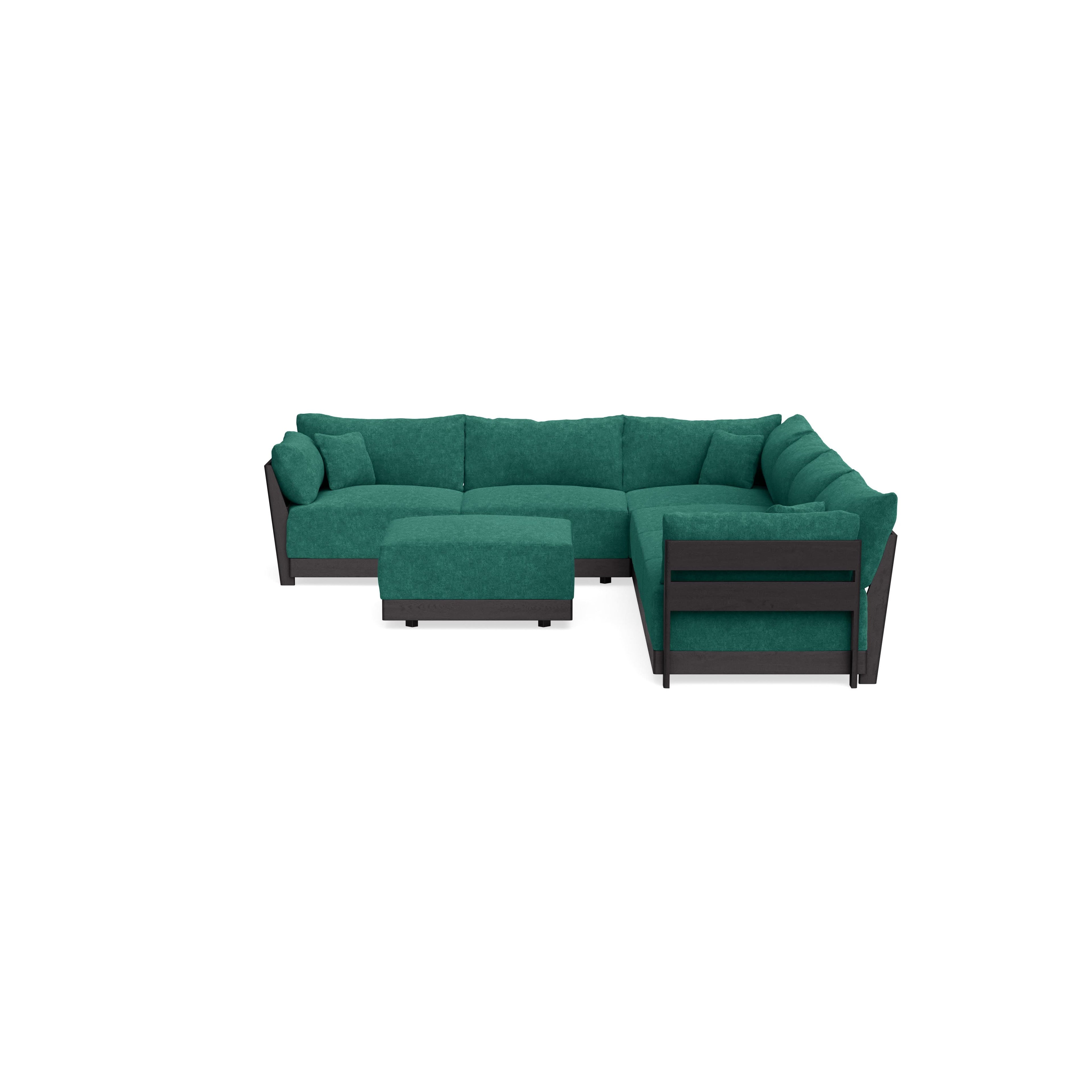 Modular Bondi Black 6-Seater Corner Sectional + Ottoman in Jade Green | Memory Foam Blend