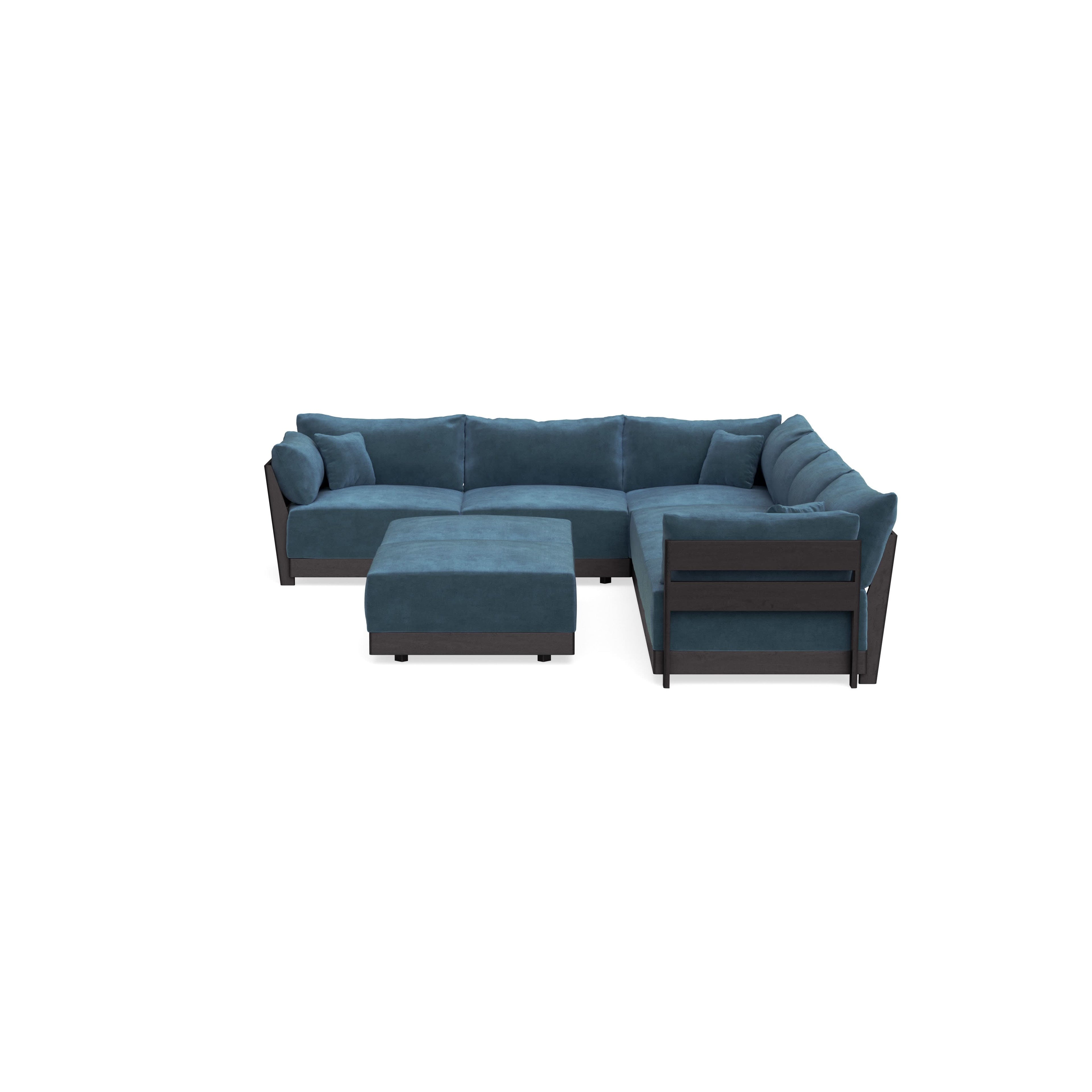 Modular Bondi Black 6-Seater Corner Sectional + Bench Ottoman in Oxford Blue | Memory Foam Blend