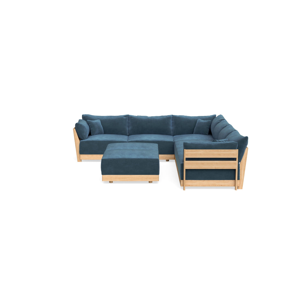 Modular Bondi Latte 6-Seater Corner Sectional + Bench Ottoman in Oxford Blue | Memory Foam Blend