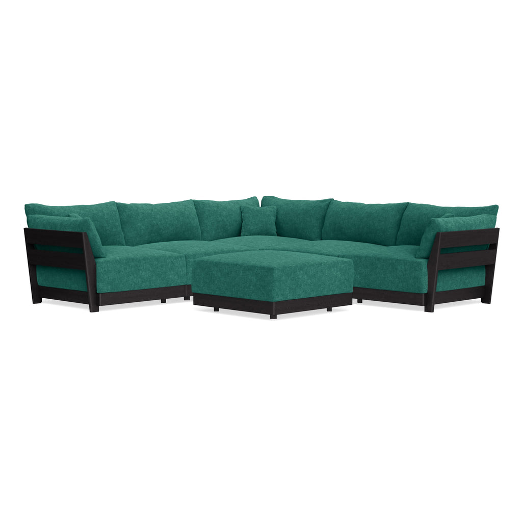 Modular Bondi Black 5-Seater Corner Sectional + Ottoman in Jade Green | Memory Foam Blend