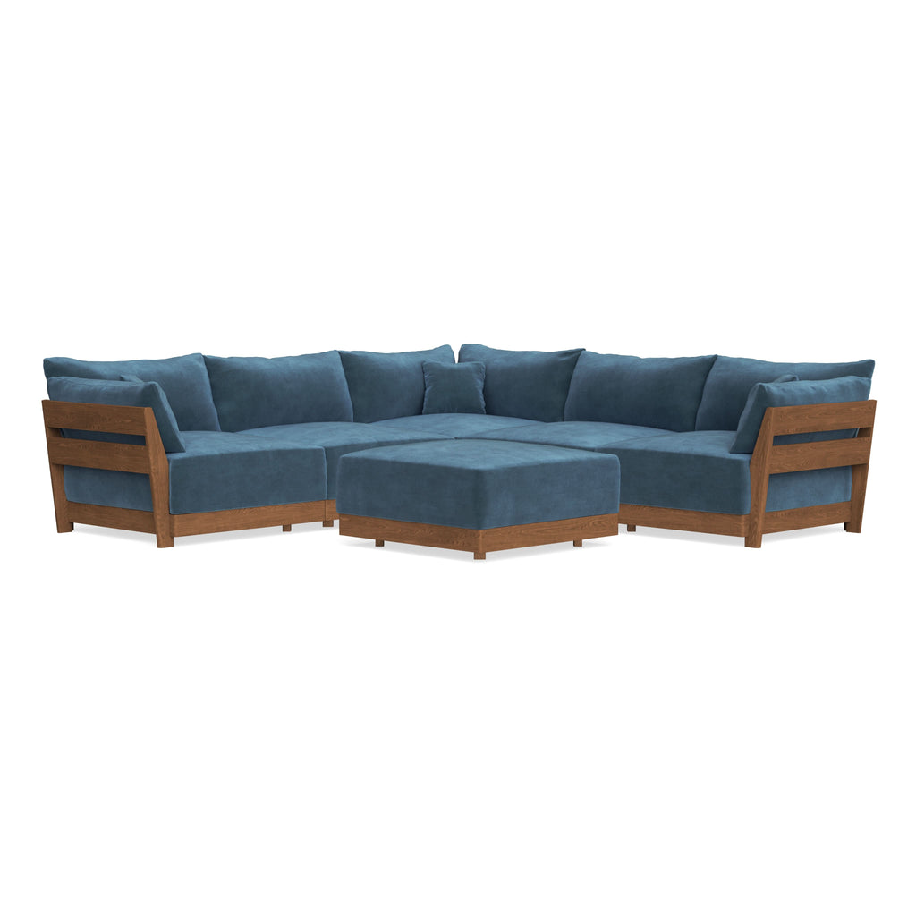 Modular Bondi Espresso 5-Seater Corner Sectional + Ottoman in Oxford Blue | Memory Foam Blend