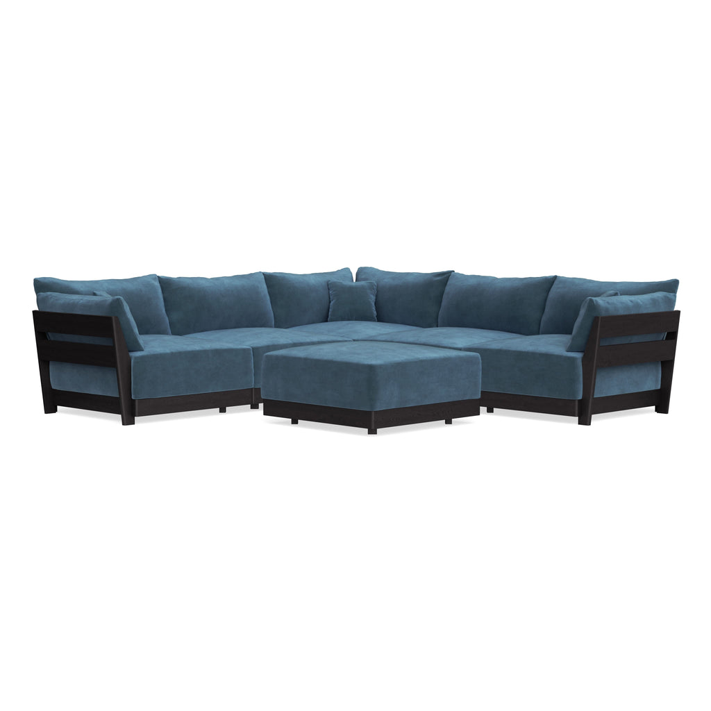 Modular Bondi Black 5-Seater Corner Sectional + Ottoman in Oxford Blue | Memory Foam Blend