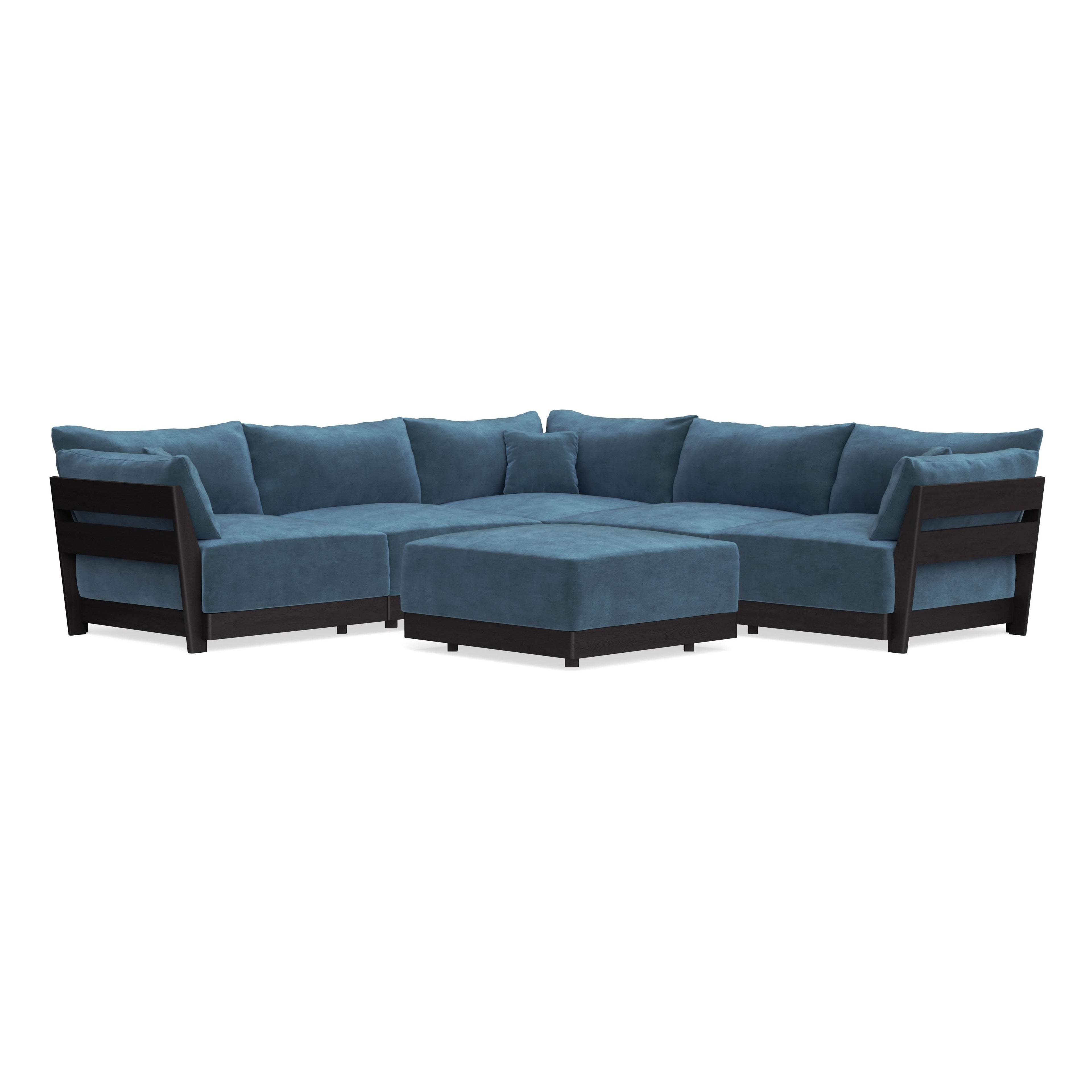 Modular Bondi Black 5-Seater Corner Sectional + Ottoman in Oxford Blue | Memory Foam Blend