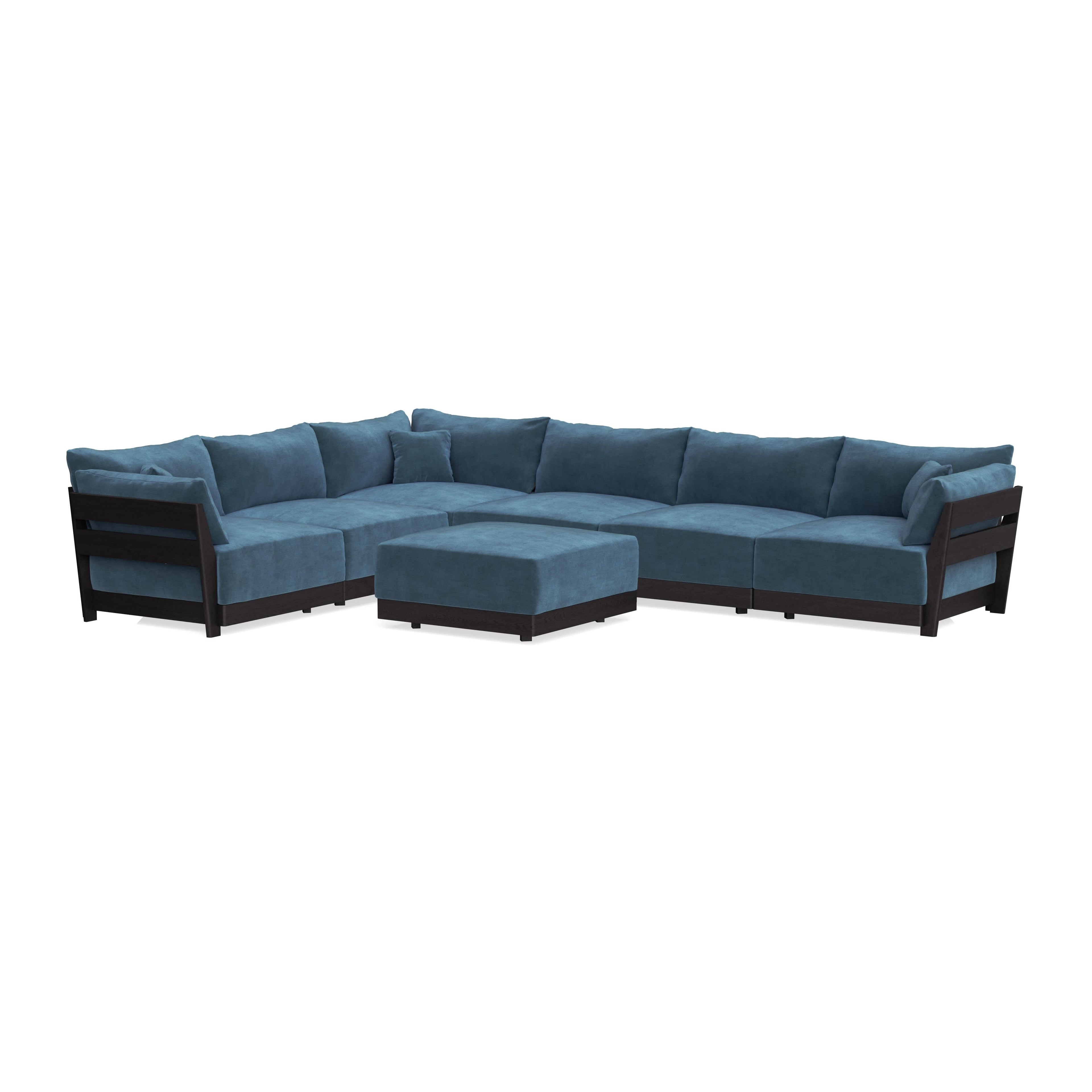 Modular Bondi Black 6-Seater Corner Sectional + Ottoman in Oxford Blue | Classic Blend