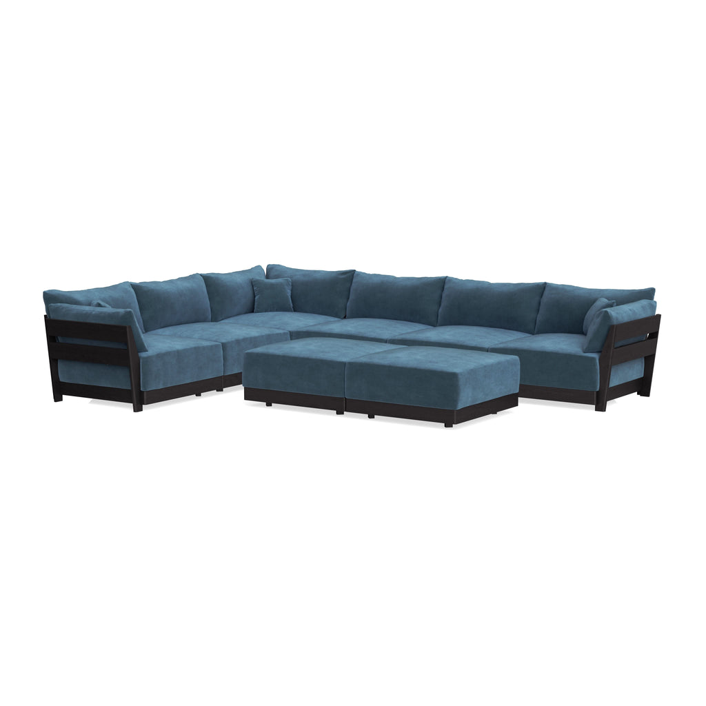 Modular Bondi Black 6-Seater Corner Sectional + Bench Ottoman in Oxford Blue | Classic Blend