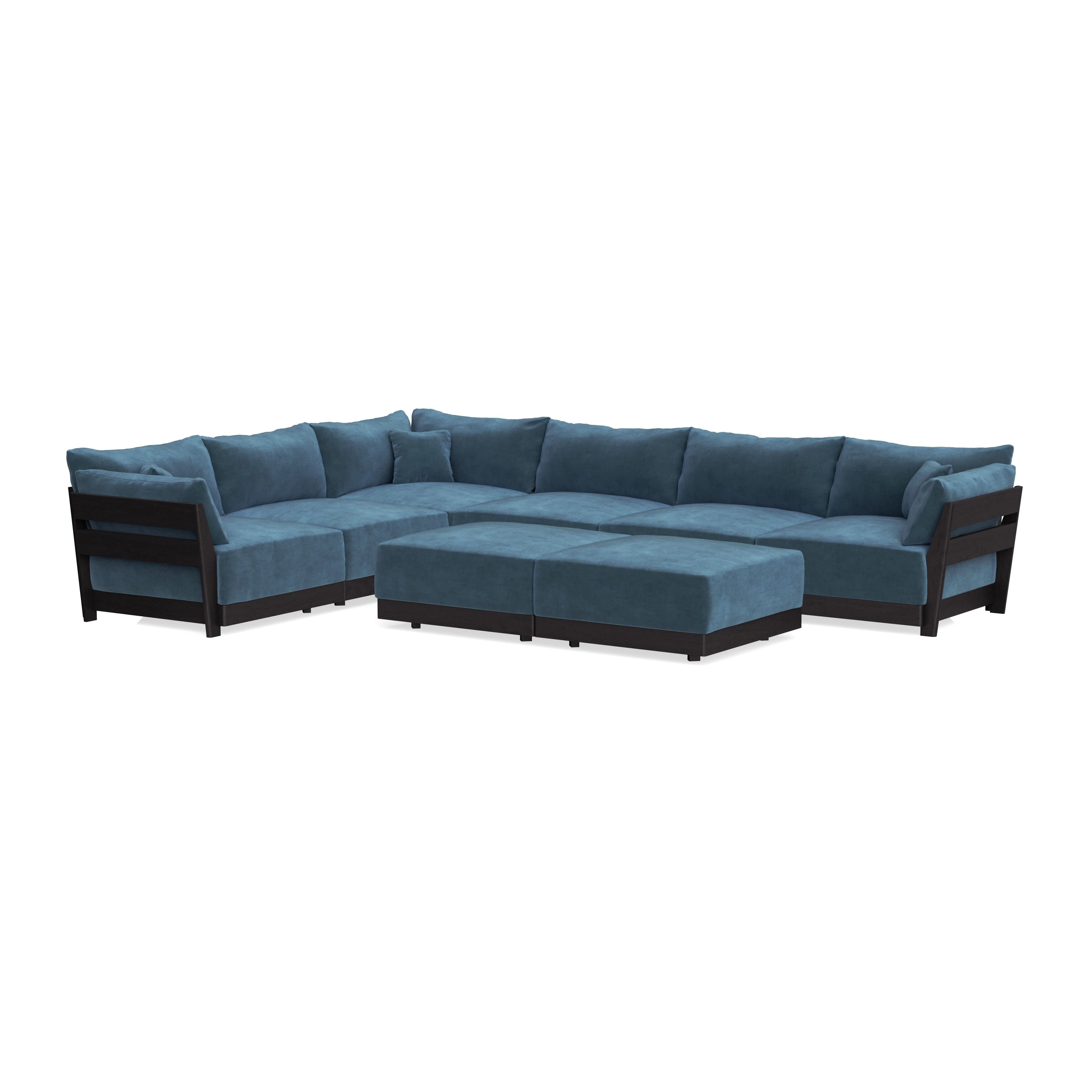 Modular Bondi Black 6-Seater Corner Sectional + Bench Ottoman in Oxford Blue | Classic Blend