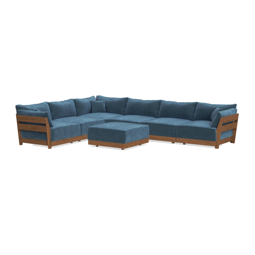 Modular Bondi Espresso 6-Seater Corner Sectional + Ottoman in Oxford Blue | Memory Foam Blend