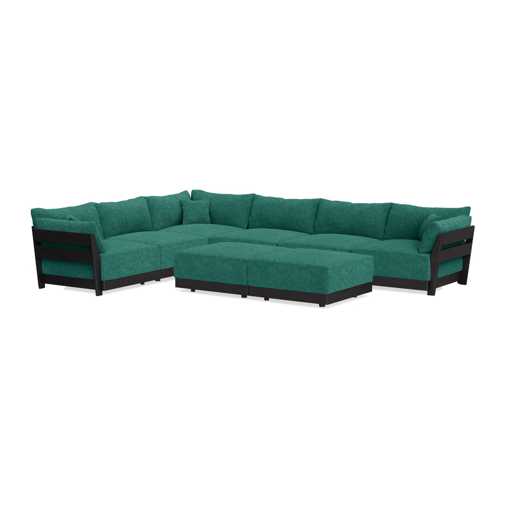 Modular Bondi Black 6-Seater Corner Sectional + Bench Ottoman in Jade Green | Classic Blend