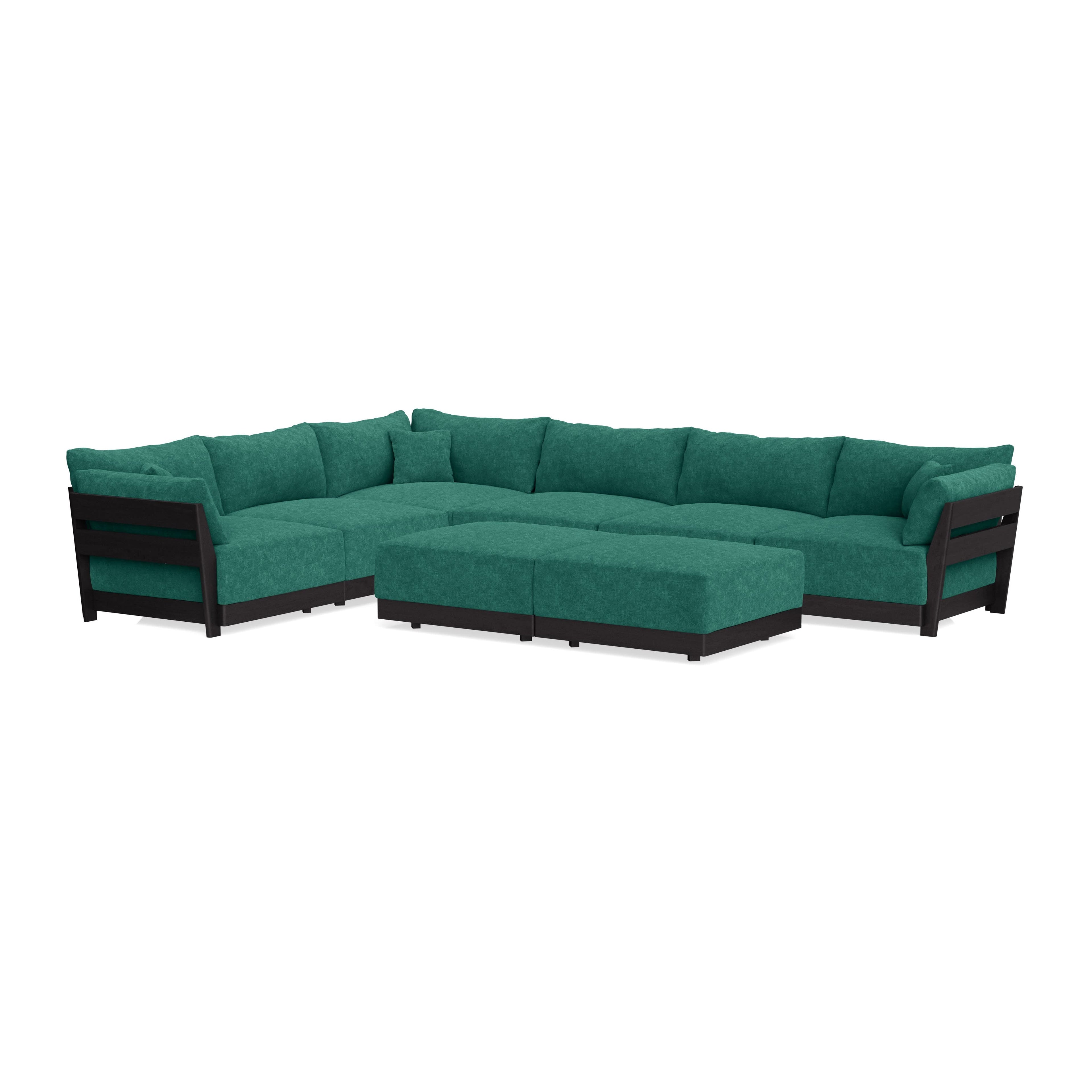 Modular Bondi Black 6-Seater Corner Sectional + Bench Ottoman in Jade Green | Classic Blend