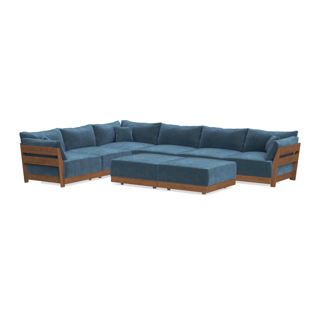Modular Bondi Espresso 6-Seater Corner Sectional + Bench Ottoman in Oxford Blue | Memory Foam Blend