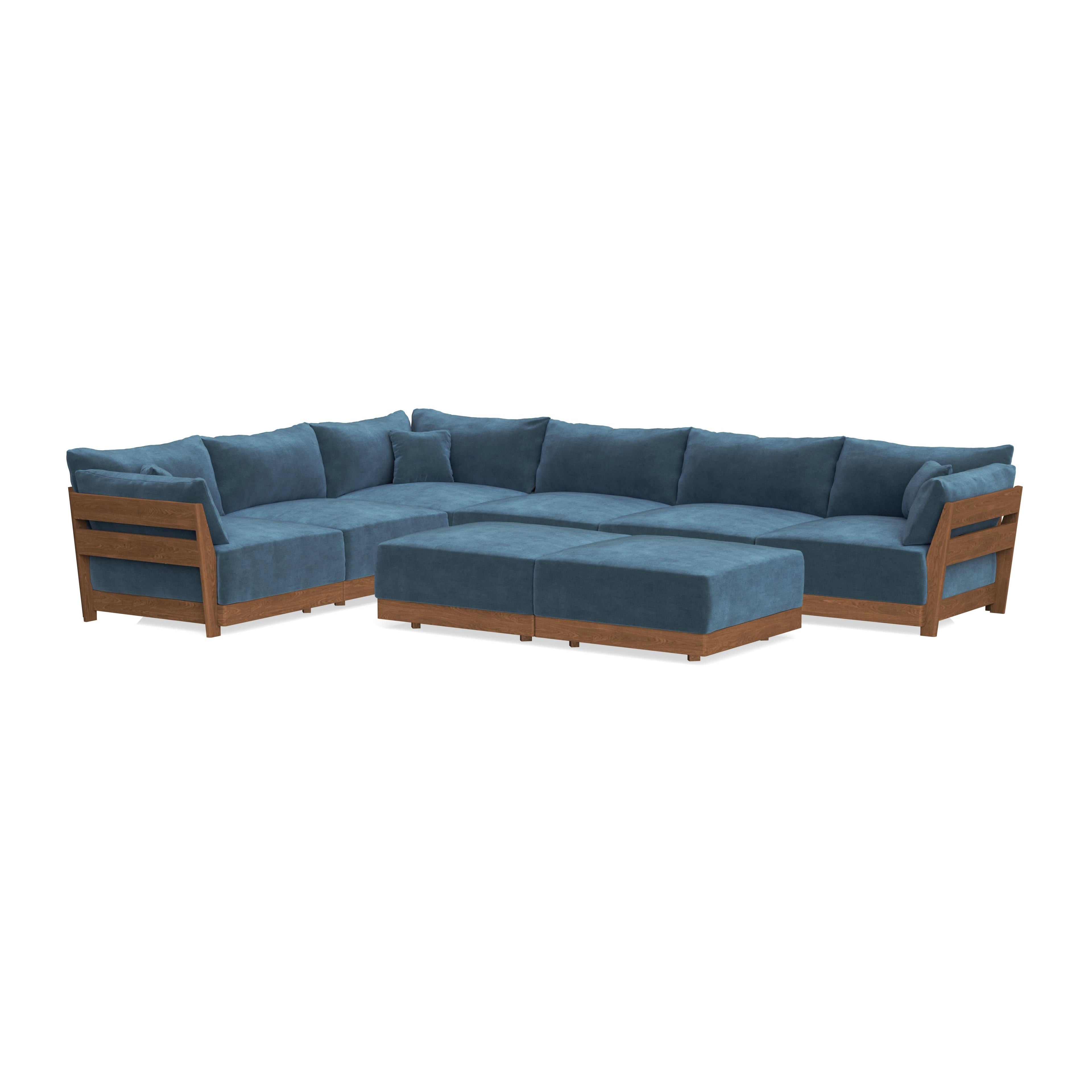 Modular Bondi Espresso 6-Seater Corner Sectional + Bench Ottoman in Oxford Blue | Memory Foam Blend