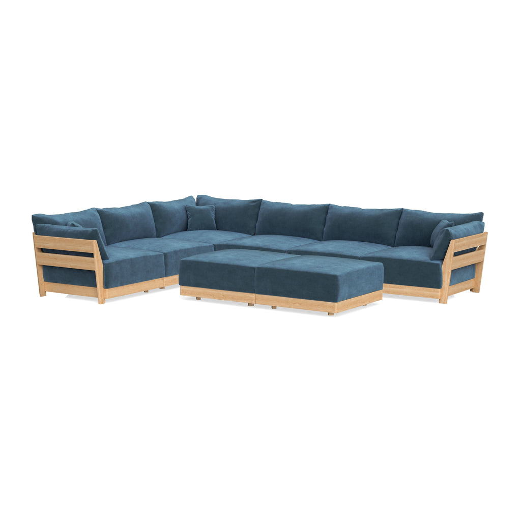 Modular Bondi Latte 6-Seater Corner Sectional + Bench Ottoman in Oxford Blue | Memory Foam Blend