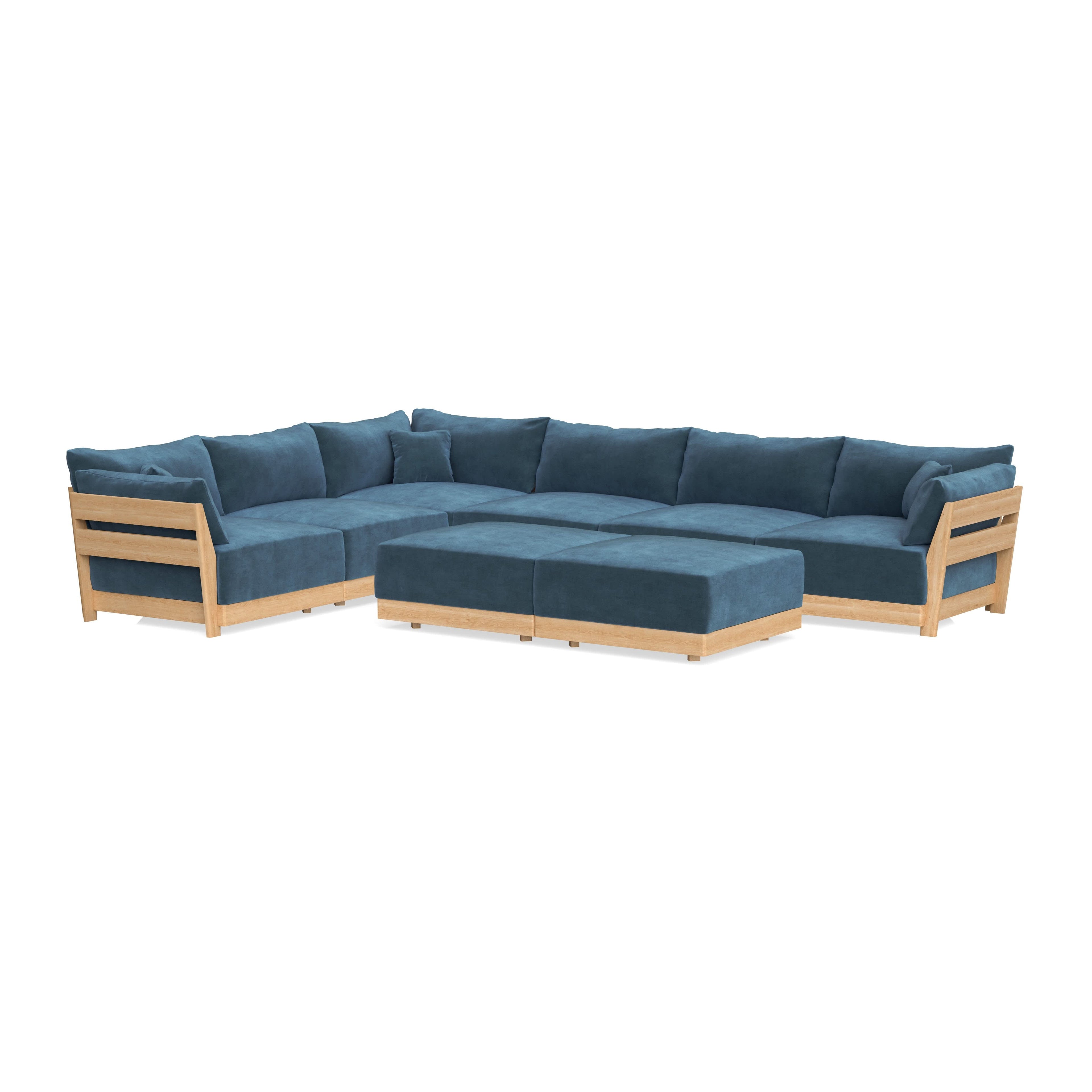 Modular Bondi Latte 6-Seater Corner Sectional + Bench Ottoman in Oxford Blue | Memory Foam Blend